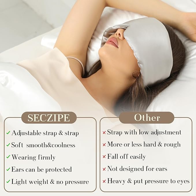 100% Mulberry Silk Sleep Mask Eye Mask for Women Man with Adjustable Band, for Side Sleeper Blackout Sleep Mask for Travel Rest and Office (Gray)