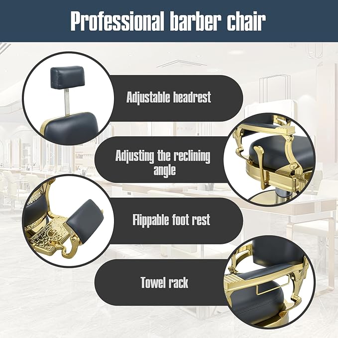 FRNIMAC Heavy Duty Barber Chair, All Purpose Vintage Style Mens Barber Chair Hydraulic Recline Salon Chair Barbershop Equipment for Beauty Spa Tatoo Massage, Weight Capacity 700lbs (Black-Golden)