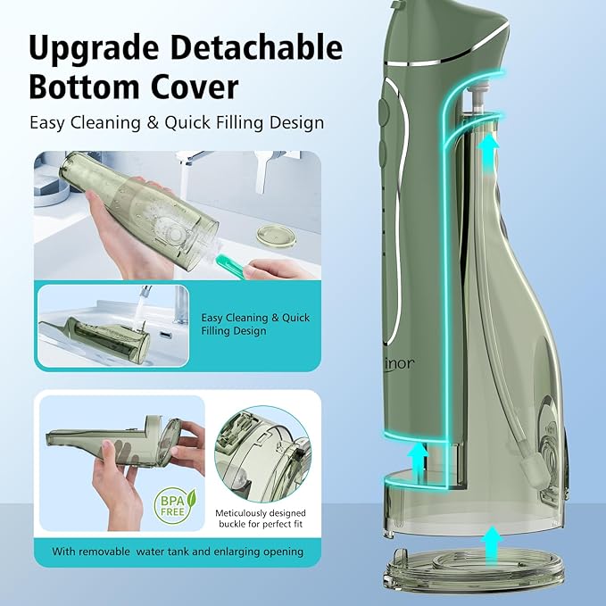 Leominor Water Dental Flosser Pick for Teeth, 300ML Portable Oral Irrigator Upgraded Tank Removable,IPX7 Waterproof, Rechargeable Travel Teeth Cleaner, Professional Electric Flossing Machine(O-Green)