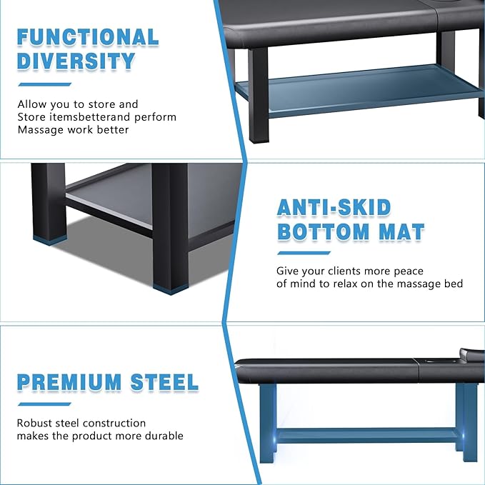 Adjustable Backrest Massage Table for Esthetician, Heavy Duty Professional Massage Bed with Steel Base for Spa Treatment, Salon, Physical Therapy, Facial, Tattoo and Beauty (Black, 74.8"*31.5"*25.6")