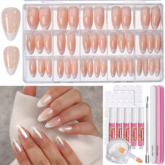 Teenitor Short French Tip Press on Nails, 15 Sizes of French Press on Nails, Short Almond Press on Nails Fake Nails Gel Press on Nails