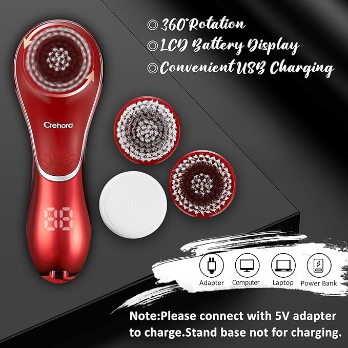 Facial Cleansing Brush, Electric Face Scrubber, Facial Cleansing Brush Rechargeable IPX-7 Waterproof Rotating Face Scrubber for Exfoliating, Massaging and Deep Cleansing with 4 Brush Heads
