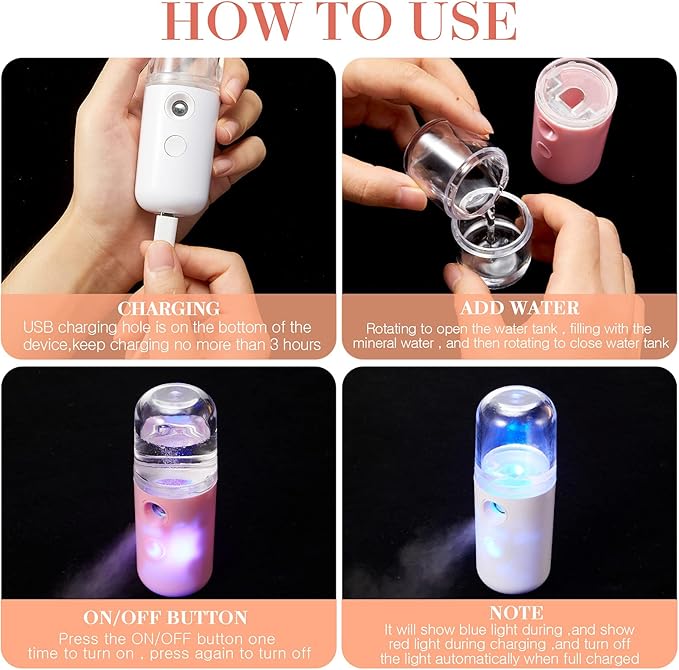 Honoson 2 Nano Facial Mister Sprayer Portable Face Nano Mister for Eyelash Extensions USB Rechargeable 1 oz Handy Skin Care Machine for Face Hydrating, Daily Makeup(Coral Orange and White)