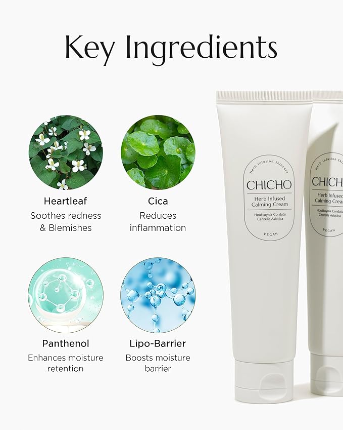 CHICHO Herb Infused Calming Cream - Korean Face Moisturizer with 68.8% Heartleaf & 6-Cica Complex - For Sensitive Acne Prone Skin, Vegan Clean Formula, 2.37 fl.oz.