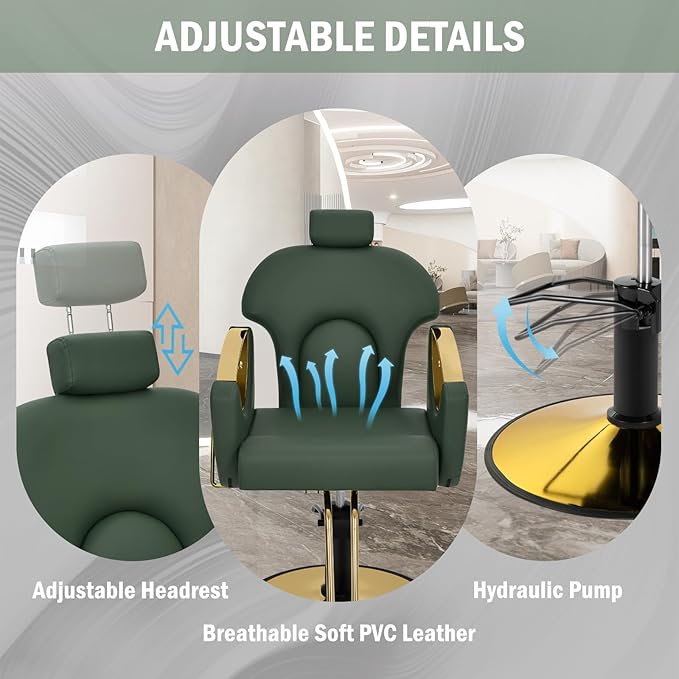Salon Chair for Hair Stylist, 360° Swivel Reclining Barber Hair Styling Chair, Height Adjustable Spa Beauty Equipment for Home Barbershop, Green Gold