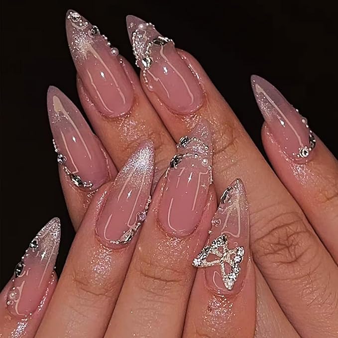 Summer Butterfly Press on Nails Pearl Gel Glue on Fingernails Glossy White Glitter Medium Almond False Nail 24Pcs French Acrylic Full Cover Fake Nails Rhinestone Stick on Nail for Holiday Manicure Art