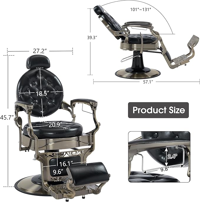 BarberPub Heavy Duty Metal Vintage Barber Chair All Purpose Hydraulic Recline Salon Beauty Spa Chair Styling Equipment 8914 (Black with Brushed Bronze Frame)