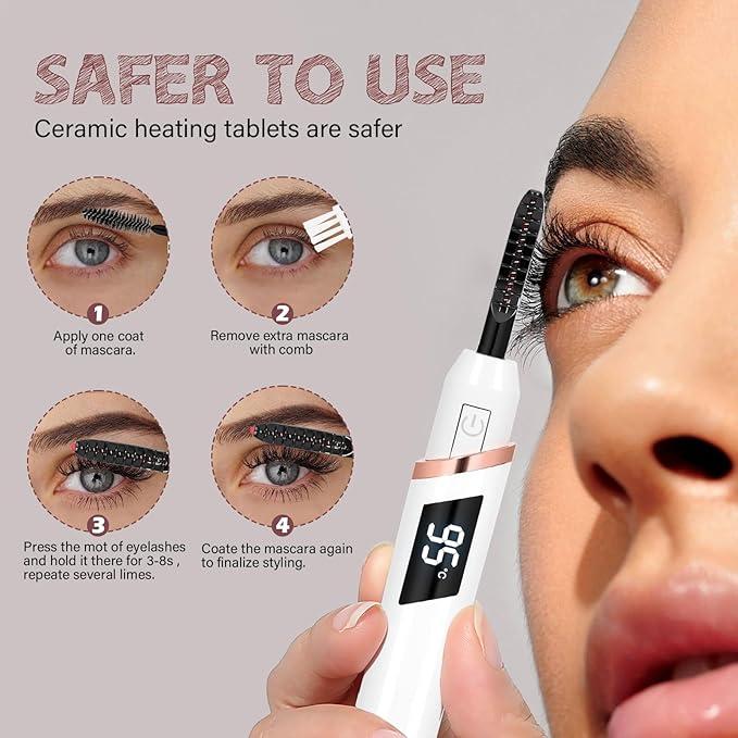 Heated Eyelash Curler for Women, Electric Lash Curler with 10s Fast Heating, 4 Adjustable Temp (65°C-95°C), 24H Curl, USB-C Rechargeable, Ergonomic Design, Travel-Friendly Makeup Tool Gift