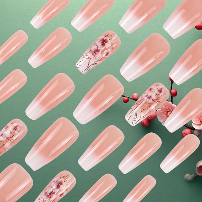 24Pcs Flower Press on Nails White Gradient Acrylic Full Cover Fake Nails Plum Blossom Gel Glue on Fingernails Glossy Pink Ombre Medium Coffin False Nail Curve Stick on Nail for Holiday Manicure Art