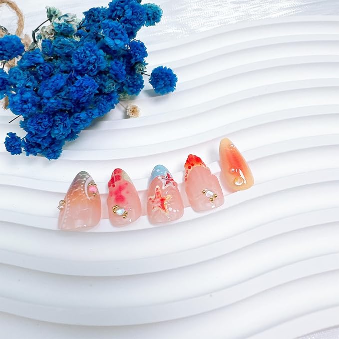 30pcs French Tip Press on Nails Medium Almond Fake Nails with 3D Starfish Shell Pearl Gold Beads Rhinestones Designs Summer False Nails Beach Acrylic Nails Kit Full Cover Stick on Nails for Women
