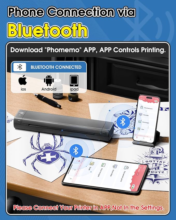 Phomemo M08F Bluetooth Tattoo Stencil Printer, Thermal Tattoo Machine with 10pcs Transfer Paper, Portable Wireless Stencil Printer for Tattooing, Compatible with Smartphone & PC, Grey