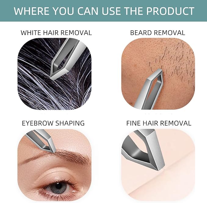 Beard Tweezers, White Hair Plucking Tweezers, Stainless Steel, Fine Hair Removal Tweezers, Eyebrows Shaping Tool, 5mm Tip, Cyan PU Case 1Pack, Silver, 1.0 Count, (BRTW-SSS-96WDQP)