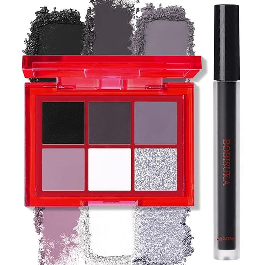 BOBISUKA Eyeshadow + Lipstick Makeup Kit, 6 Colors Dark Black White Silver Gray Shimmer Matte Metallic Smokey Eye Shadow Pallet with Black Matte Liquid Lipstick Makeup Set for Halloween