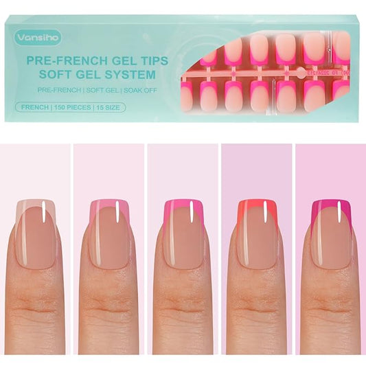 150Pcs French Gel Nail Tips, Vansiho Short Square Nail Tips, Pink Pre-French Tips Press on Nails, Soak Off Soft Gel Acrylic Fake Nails for Nail Art DIY 15 Sizes