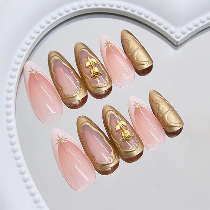 3D Rose Flower Press on Nails 24Pcs Stars Press ons Fingernails Curve Line Gel Glue on Acrylic Fake Nails Glossy Gold Medium Almond False Nail French Tips Stick on Nail for Holiday Manicure Art