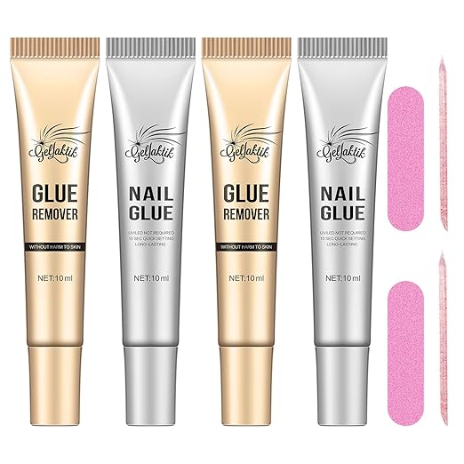 10g*2 Nail Glue With 10g*2 Nail Glue Remover for Press On, Super Strong, Quick Drying, Long Lasting Adhesive for Fake Acrylic Nails & Tips, No UV Light Needed
