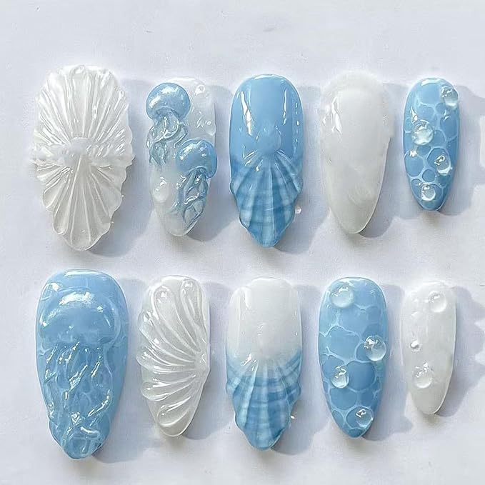 30Pcs Summer Beach Press on Nails Medium Almond Fake Nails 3D Blue Jellyfish with Rhinestones Glitter Designs Full Cover French Tip Stick on Nails Ocean False Nails for Women Girls Acrylic Nail Art
