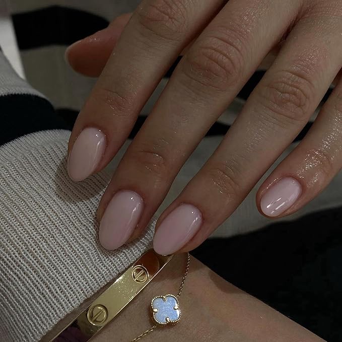 Dusty Pink Press on Nails Short Almond Fake Nails Press ons, Thick Solid Color Glue on False Nails, Natural Acrylic Gel Short Almond Nail Oval Round Shaped Nail for Women, 24Pcs