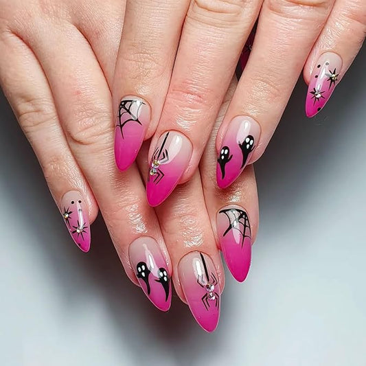 Halloween Press on Nails Long Almond Fake Nails Rose Red False Nails Gradient Black Spider Web Ghost with Rhinestone Design Glossy Glue on Nail Full Cover Stick on Nail Decoration Manicure for Women
