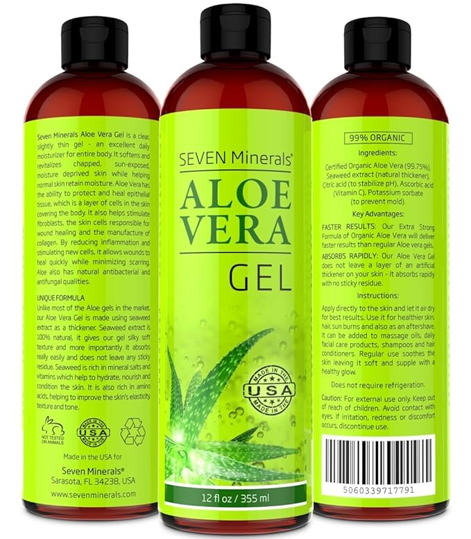 Seven Minerals Aloe Vera Gel - 99% Organic, Big 12 oz - NO XANTHAN, so it Absorbs Rapidly with No Sticky Residue - made from REAL JUICE, NOT POWDER (Pack of 2)