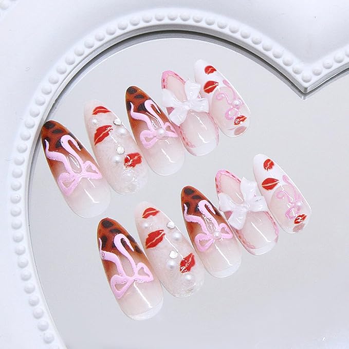 IMRAIN Medium Press on Nails Almond Fake Nails Leopard Print French Tips False Nails with Pink Bow & Red Lipstick Designs Glossy Glue on Nails Full Cover Stick on Acrylic Nails for Women Girls