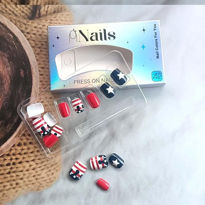 24Pcs Independence Day Press on Nails Short 4th of July Fake Nails American Flag Design Patriotic Glue on Nails Artificial Star False Nails Square Acrylic Nails Holiday Stick on Nails for Women Girls