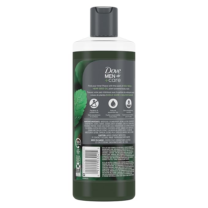 Dove Men+Care Body Wash Holy Basil + Hemp Seed Oil 4 Count to Rebuild Skin in the Shower with Plant-Based Cleansers and Moisturizers 18 oz