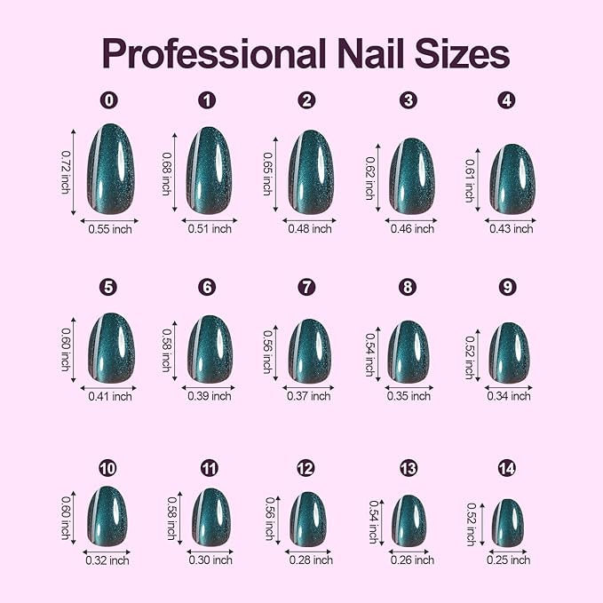 Cat Eye Press on Nails, 300Pcs Short Oval Cat Eye Nail Tips, Glossy Glitter Soft Gel Fake Nails for Women and Girls Stick On Nails in 15 Sizes