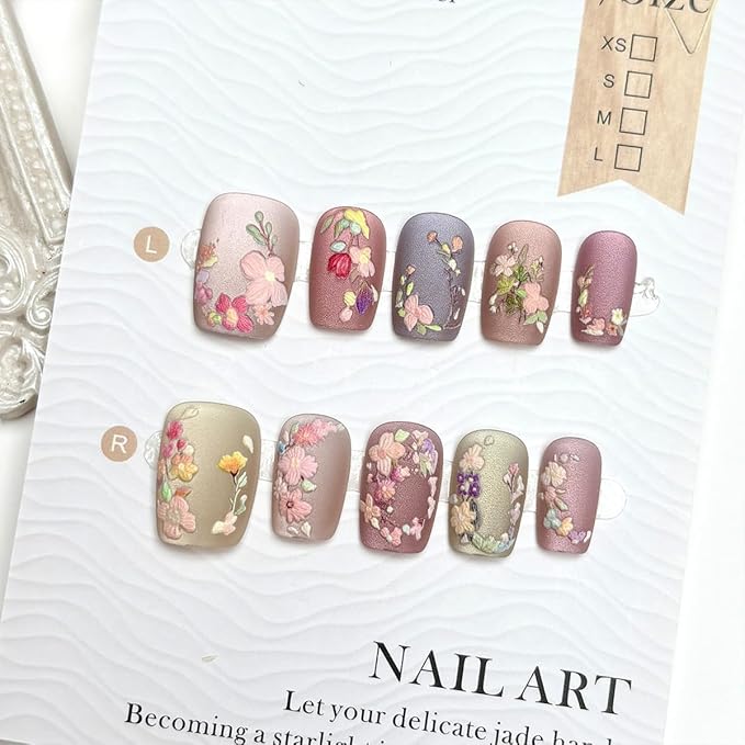 Fall Flower Press on Nails Short Fake Nails with 3D Floral Designs Matte Embossed Flowers False Nails Artificial Acrylic Nail Press ons Reusable Summer Stick on Nails for Women DIY Manicure,30pcs