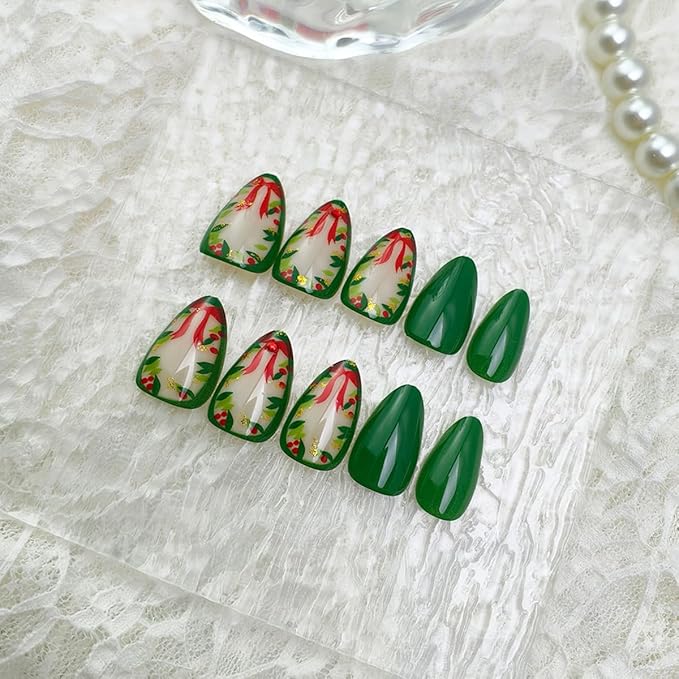 24Pcs Christmas Press on Nails Short Almond Fake Nails Green Acrylic Nail with Xmas Holly Bow Designs Artificial False Nails with Gold Foil Rhinestones Full Cover Christmas Glue on Nails for Women