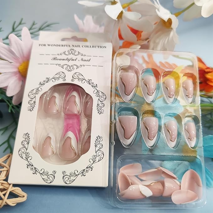 White French Tips Press on Nails 24Pcs 3D Curve Line Acrylic Full Cover Fake Nails Irregular Gel Glue on Fingernails Glossy Pink Medium Almond False Nail Curved Stick on Nail for Holiday Manicure Art