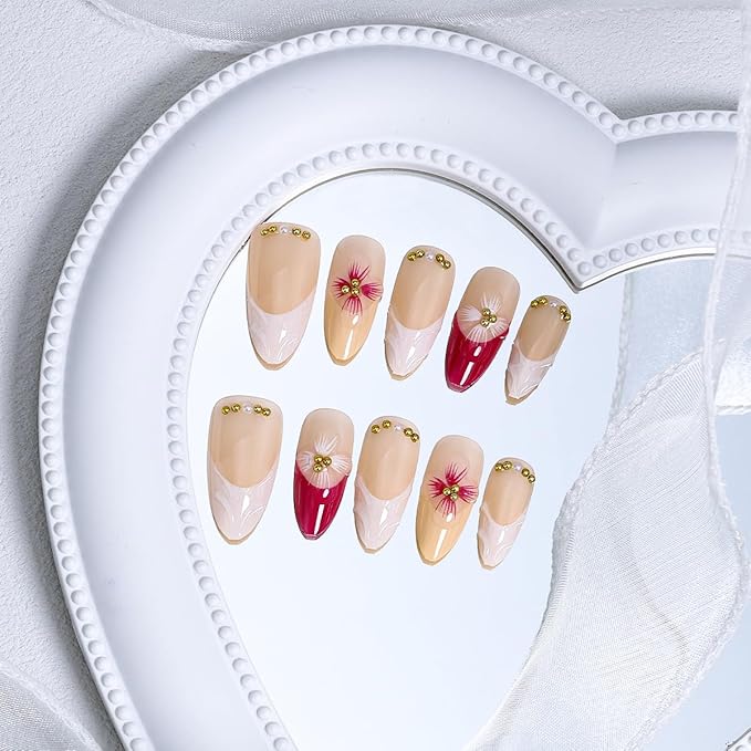 3D Flower Press on Nails Almond Medium Fake Nails M Size Pink White French Tip Glue on Nails with Gold Gems Designs Full Cover False Nails Summer Acrylic Stick on Nails for Women Girls Manicure 10Psc