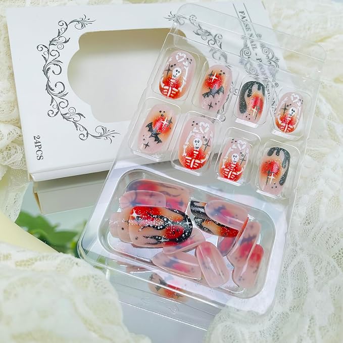 24Pcs Halloween Press on Nails Short Oval False Nail with Hand Heart Skeleton Designs Halloween Fake Nails Black Flame French Tip Nail Pumpkin Bat Glue on Nails for Women DIY Manicure Salon
