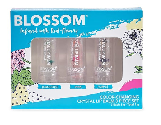 Blossom Moisturizing Custom Color Changing Crystal Lip Balm, Strawberry Scented Lip Stain Tint, Infused with Real Flowers, 3 pk, Turquoise/Pink/Purple