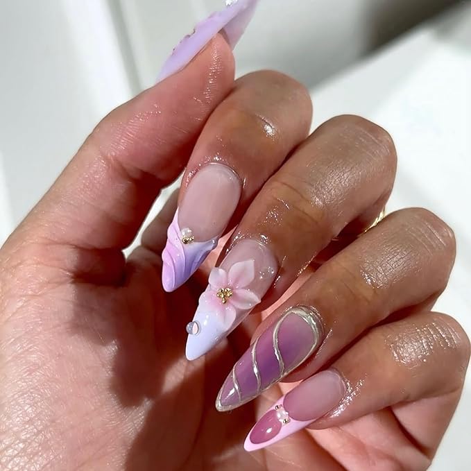 3D Flower Press on Nails Medium Almond Fake Nails with Floral Pearl Designs Purple Pink Acrylic Nail Tips Curve Line Artificial Nail Cute Handmade False Nails Summer Glue on Nail for Women