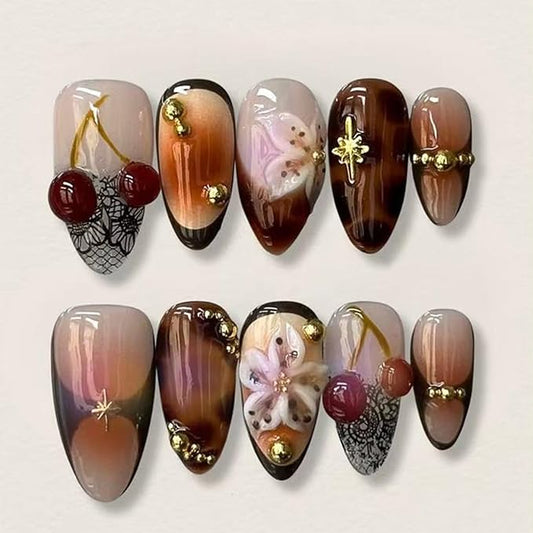 French Tip Press on Nails Medium Almond Fall Fake Nails with Gold Rhinestones Designs 3D Cherry Flower False Nails Brown Full Cover Artificial Glue on Nails - 24Pcs Nail Kit for Women Girls Manicure