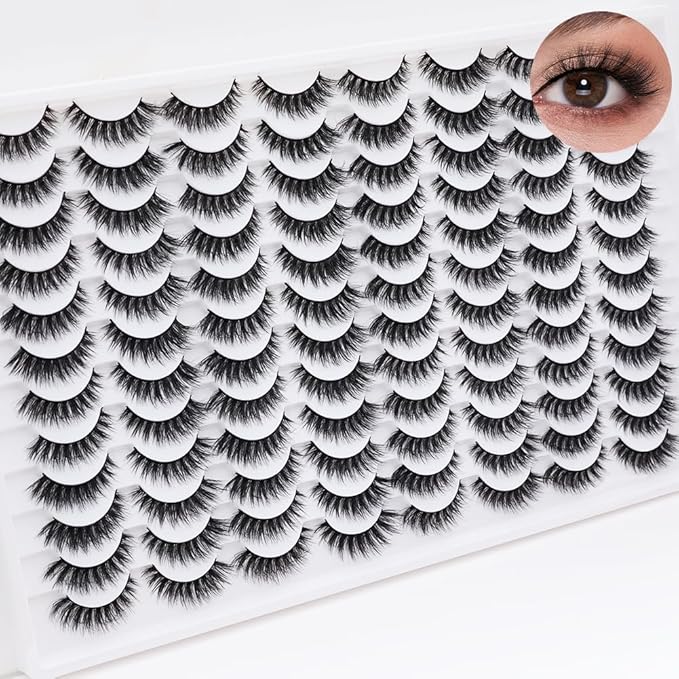 False Eyelashes 48 Pairs Faux Mink Lashes 14mm Wispy Lashes 3D Fluffy Cat Eye Lashes Pack Bulk Wholesale Strip Lashes(style 48-034)