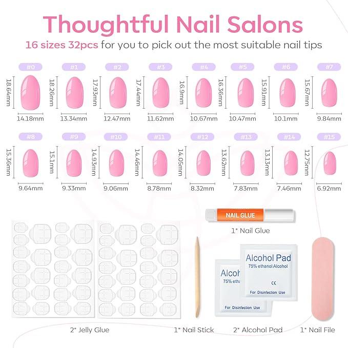 modelones Short Press on Nails, Oval Fake Nails Kit Press Ons with Nail Glue, Adhesive Tabs, Nail File, Prep Pad, Manicure Stick, Pink, 32Pcs 16 Sizes, Christmas