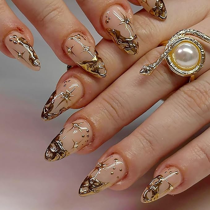 24Pcs Gold French Tip Press on Nails Short Almond Fake Nails 3D Gold Irregularity Chrome Acrylic Nails Star Moon False Nails French Nails Tip Glue on Nails Nude Stick on Artificial Nails for Women