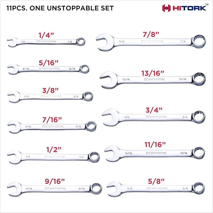 Hitork 11 Piece Combination Wrench Set with Roll Pouch, SAE Sizes (1/4" - 7/8"), Drop Forged Cr-V Steel, Chrome Plated Mirror Finish, 12 Point Box End, 15° Offset, Exceeds ANSI Standards