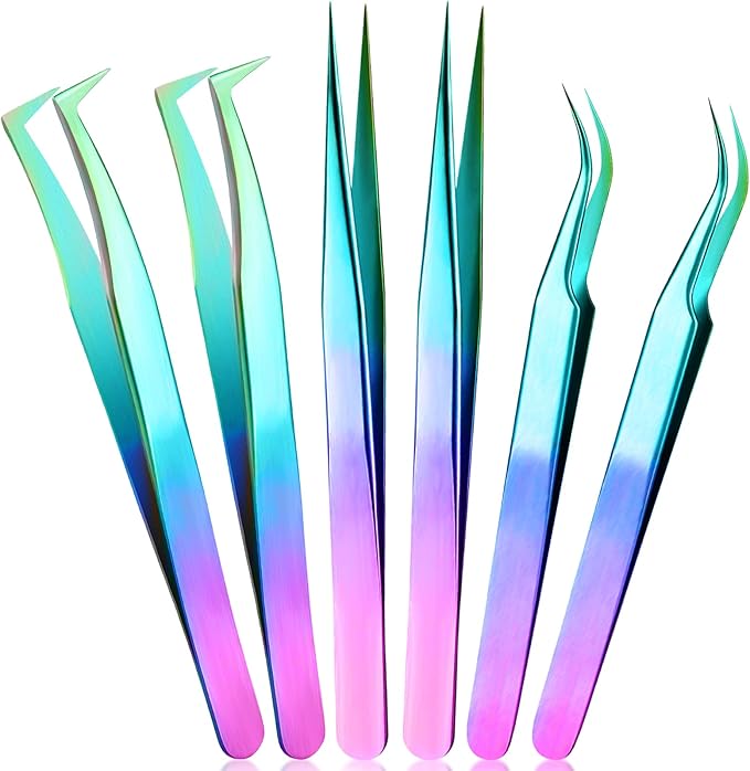 High Precision Lash Tweezers Set 6 Pack Stainless Steel Eyelash Extension Tweezers for Classic, Volume, Mega Volume Lashes, Facial Hair, Eyebrow, Hair Removal, Crafting Making(Rainbow)