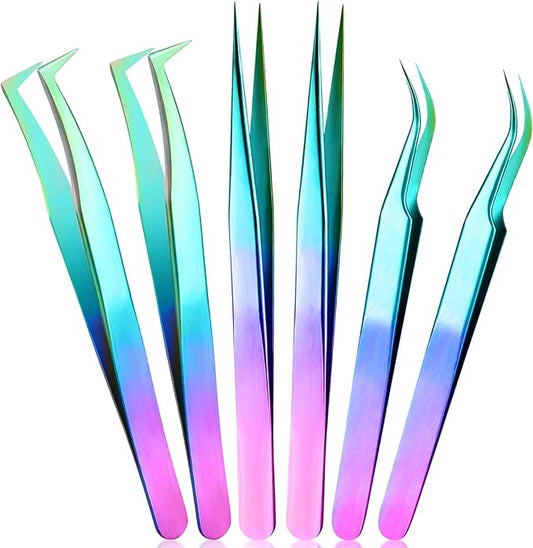 High Precision Lash Tweezers Set 6 Pack Stainless Steel Eyelash Extension Tweezers for Classic, Volume, Mega Volume Lashes, Facial Hair, Eyebrow, Hair Removal, Crafting Making(Rainbow)