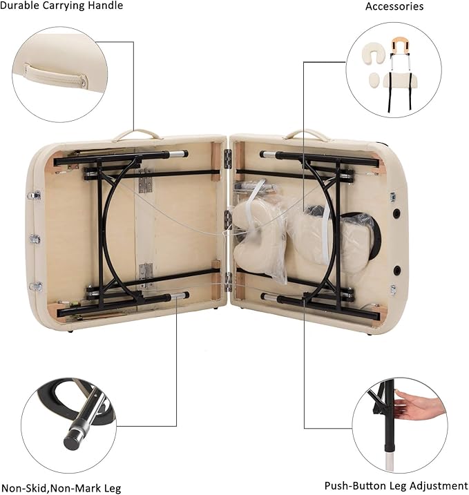 Artechworks 28" Width 3 Folding Portable Lightweight Massage Table Facial Salon Spa Tattoo Bed with Aluminium Leg for Home Office Living Room, White Color