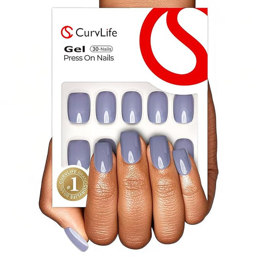 Curvlife Soft Gel Press on Nails, 30Pcs 15 Sizes Nail Tips, Bluish Violet Short Full Cover Design Reusable Fake Nails Kit with Glue and Adhesive Tabs