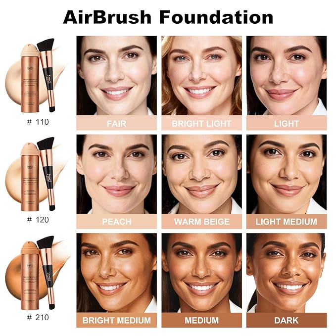Magic Minerals AirBrush Foundation with Nanoscale Powder - HECI BEAUTY Flawless Finish Makeup,Silk Airbrush Spray & Kabuki Brush - Anti-Aging Ingredients for Smooth Radiant Skin,Light Meuium Sand