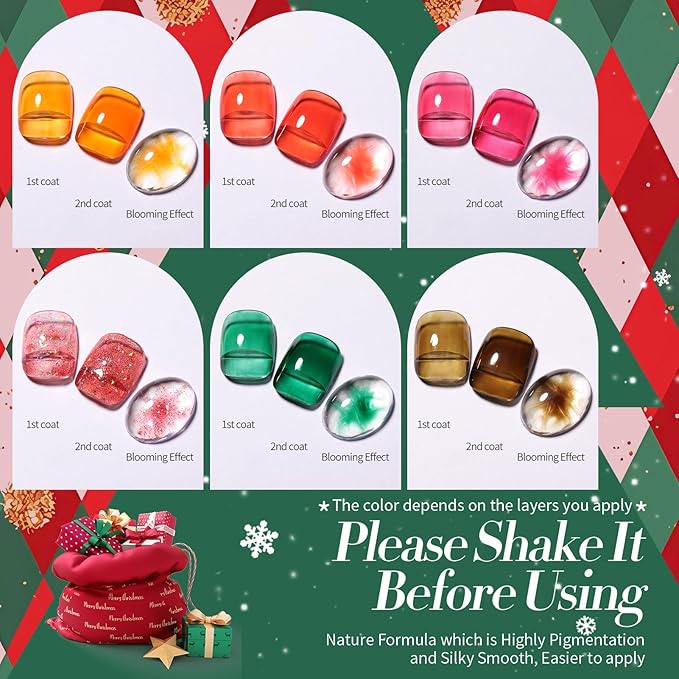 Born Pretty Jelly Gel Nail Polish Christmas Fall Winter Crystal Transparent Sheer Clear Gel Polish Red Coral Burnt Orange Green Grey Amber Brown 6 Colors Manicure Kit