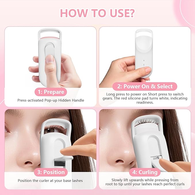 Heated Eyelash Curler, Electric Eyelash Curler with 2-Temp Modes & Type-C Charging, 8s Fast Heat 3s Style 24H Lift for Long-Lasting Natural Effortless Curls, Mini Heated Lash Curler for Women(White)