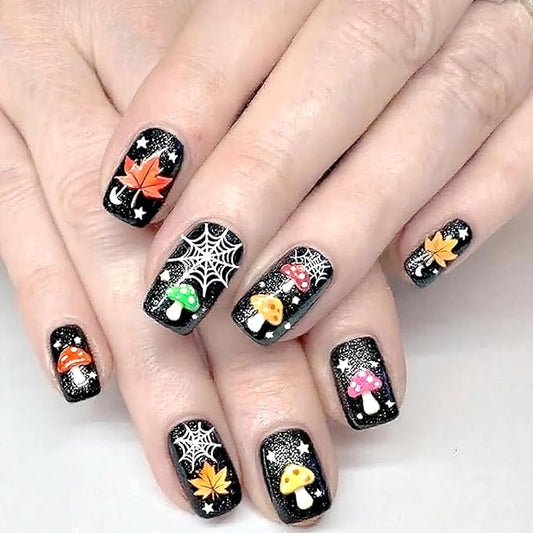 Fall Press on Nails Thanksgiving Maple Leaf Fake Nails Black Glossy False Nail with Cute Colorful Mushroom Designs Medium Square Acrylic Nails Halloween Spider Web Glue on Nail for Women