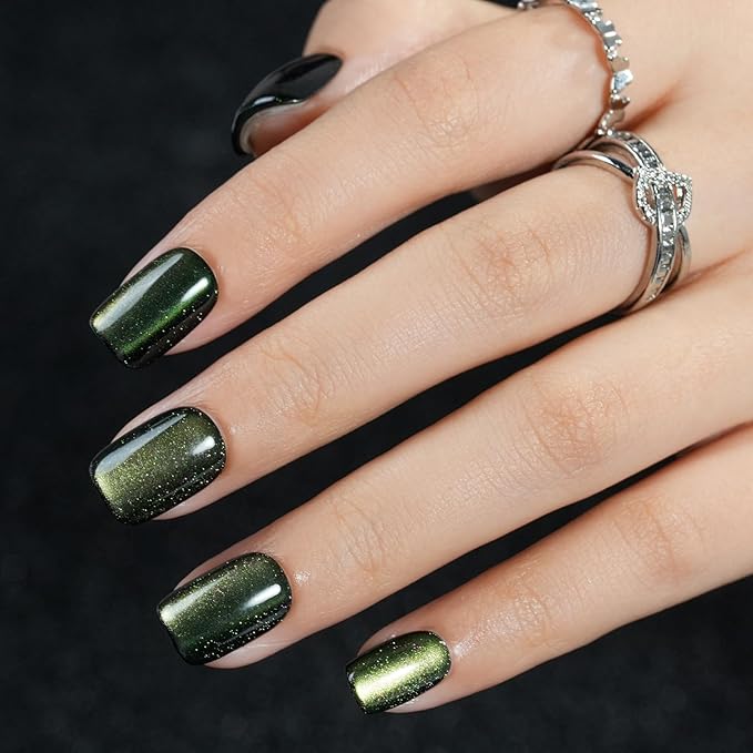 Cat Eye Press on Nails Short, Jofay Fashion Olive Green Press on Nails, Soft Gel Fake Nails, Reusable & Natural Acrylic False Nails, Stick on Nails for Women Girls Gift, Glue on Nails Kit 32Pcs