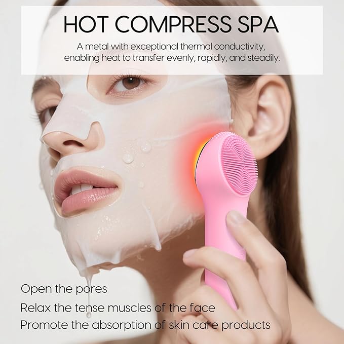 Silicone Facial Cleansing Brush, Portable Electric Face Scrubber with Heat and Vibration, 3 Modes Adjustable, Waterproof IPX6, USB-C Rechargeable, Deep Cleansing, Exfoliating and Massage